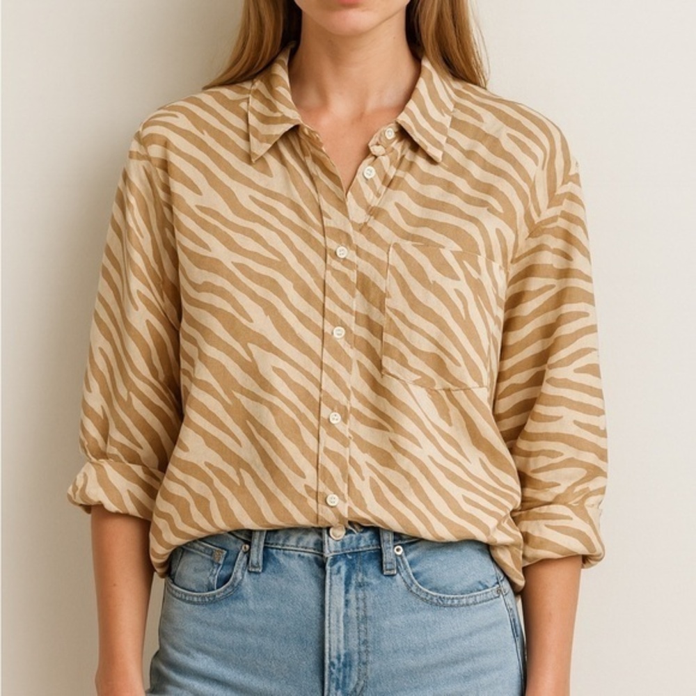 Araminta James Linen Tan Brown Animal Print Oversized Button Down Shirt
